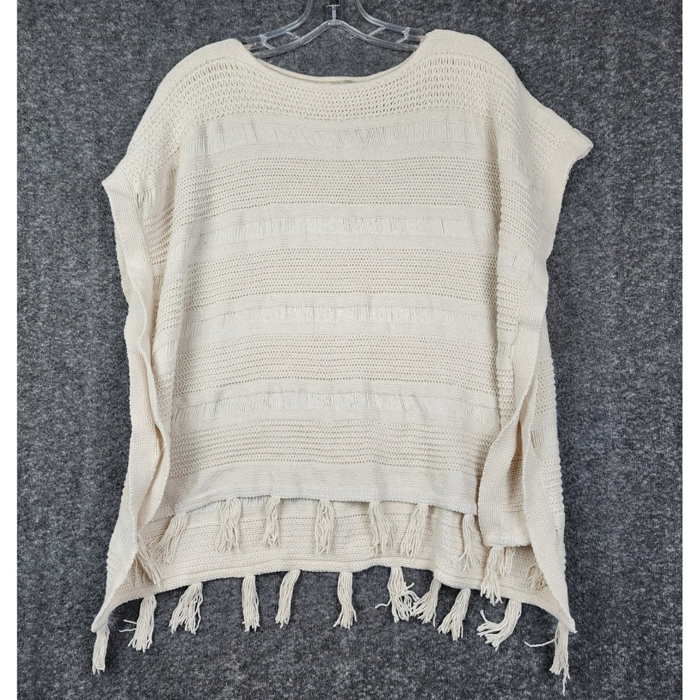 Lucky Brand Poncho Women XS/S Ivory Knit Tassel Fringe Scoop Neck 7WD5551